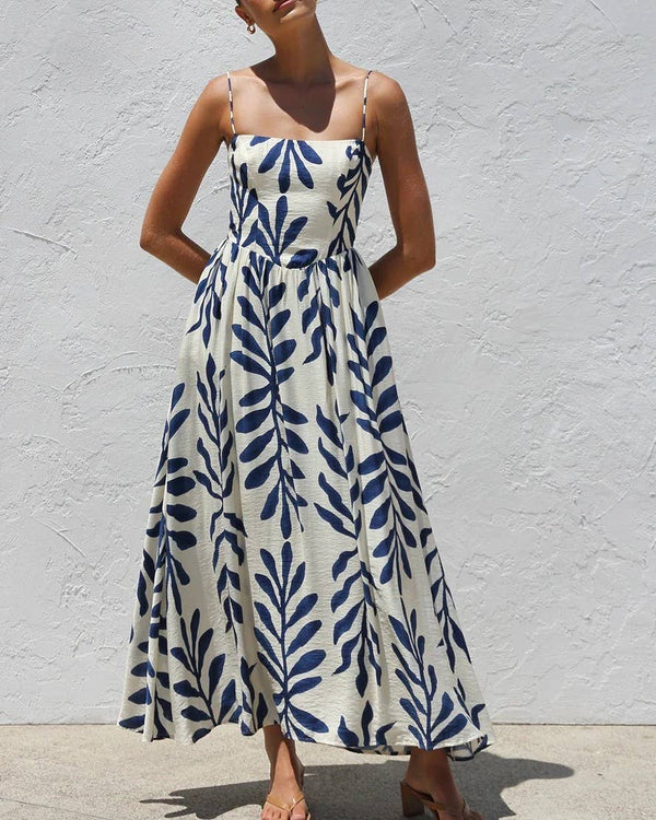 Tropical Leaf Print Spaghetti Strap Flowy Swing Dress-Blue Hand Home
