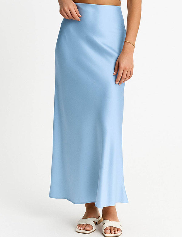 Ladies Solid Color Satin Midi Skirt 5515-Blue Hand Home