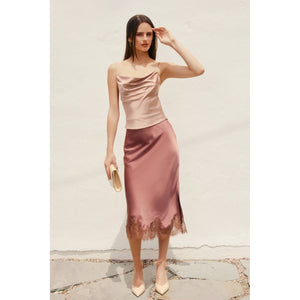 Dull Satin Lace Hem Pencil Skirt-Blue Hand Home