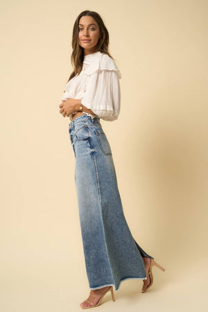High Rise Flared Maxi Skirt - Fray Hem-Blue Hand Home