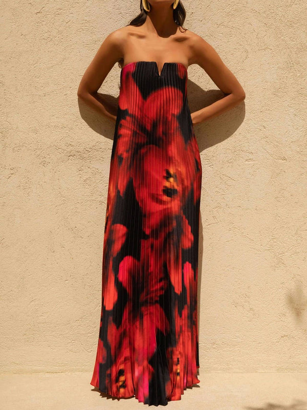 Bergamot Floral Pleated Sweetheart Neck Maxi Dress-Blue Hand Home