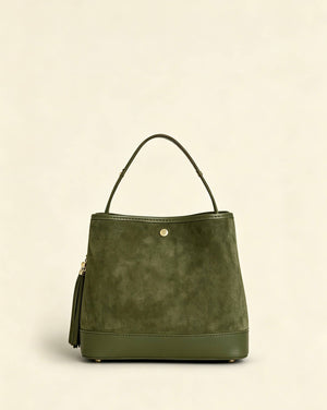 Large Suede Bucket Bag With Genuine Leather Details