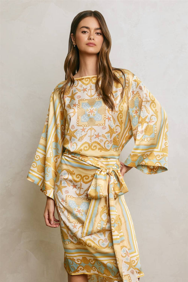 Conversational Scarf Satin Sash Kaftan Dress-Blue Hand Home