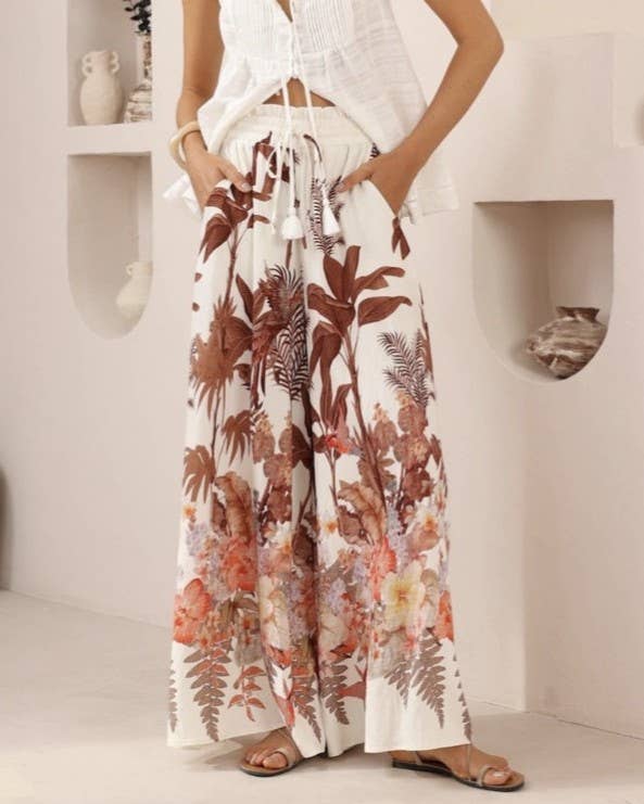 Casual Tropical Floral Print Wide-Leg Pants-Blue Hand Home