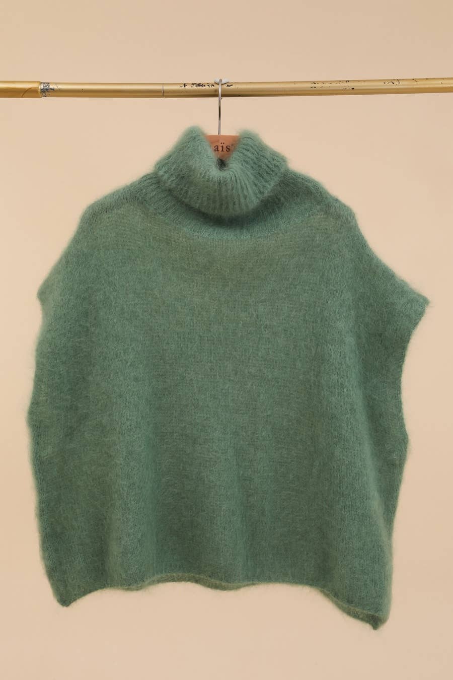 80% Kid Mohair Turtleneck Poncho Sweater: Vert Amande / One Size-Blue Hand Home