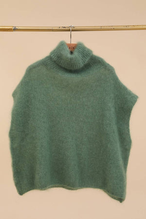 80% Kid Mohair Turtleneck Poncho Sweater: Vert Amande / One Size-Blue Hand Home