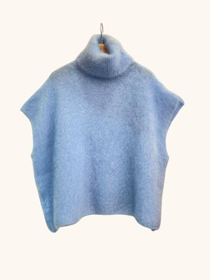 80% Kid Mohair Turtleneck Poncho Sweater: Kaki / One Size-Blue Hand Home
