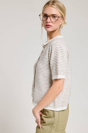 Striped Short Sleeve Button Cardigan-Blue Hand Home