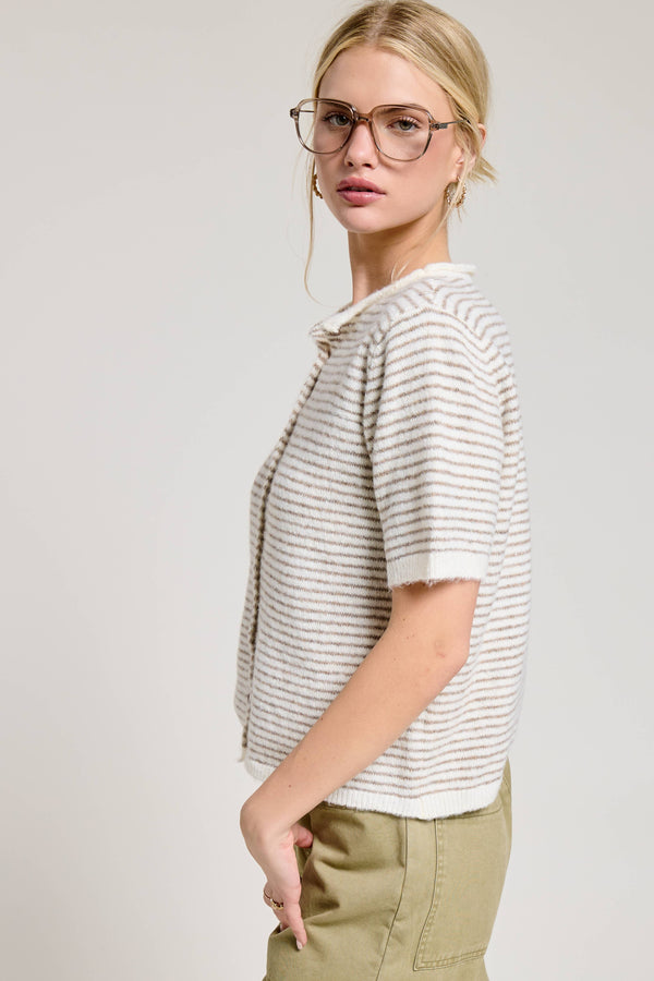 Striped Short Sleeve Button Cardigan-Blue Hand Home