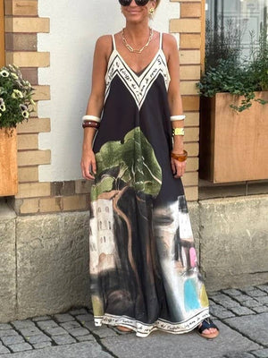Unique Ink Landscape Print Slip Maxi Dress-Blue Hand Home