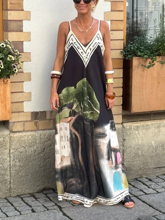 Unique Ink Landscape Print Slip Maxi Dress-Blue Hand Home