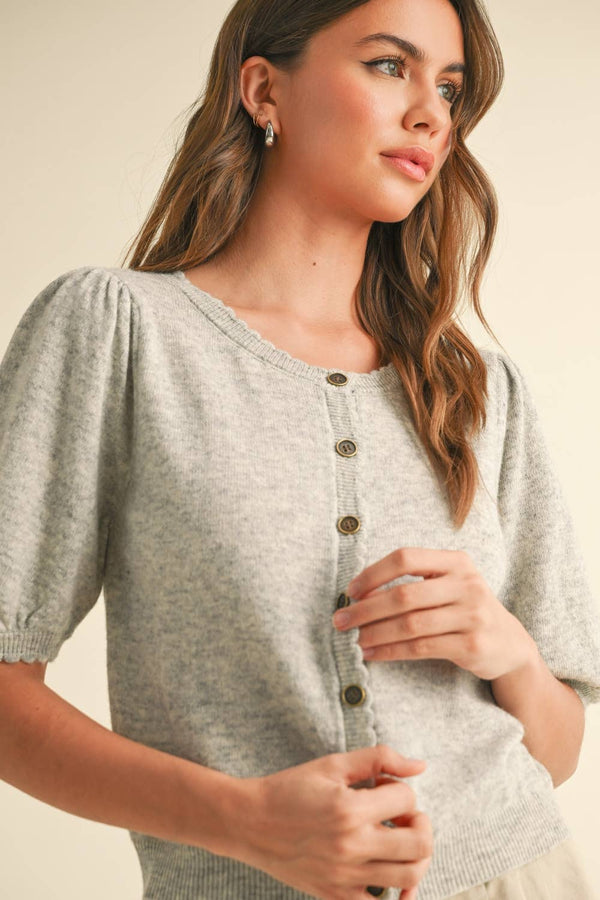 J5056 PUFF SHORT SLEEVE BUTTON DOWN KNIT CARDIGAN-Blue Hand Home