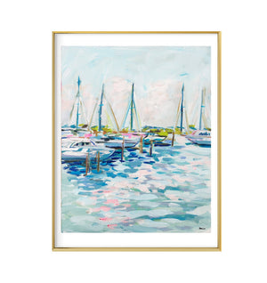 Sailboats Print on Paper, "Marina at Dusk"-Blue Hand Home