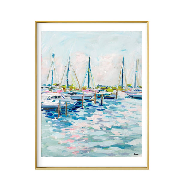 Sailboats Print on Paper, "Marina at Dusk"-Blue Hand Home