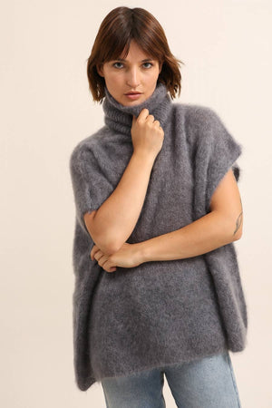 80% Kid Mohair Turtleneck Poncho Sweater: Kaki / One Size-Blue Hand Home