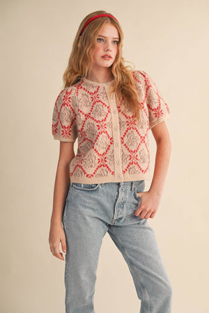 FLORAL SHORT SLEEVE SWEATER CARDIGAN MSW11258-Blue Hand Home