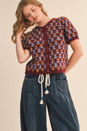 FLORAL SHORT SLEEVE SWEATER CARDIGAN MSW11259-Blue Hand Home