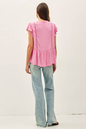 TIE FRONT RUFFLE SLEEVE TOP-Blue Hand Home