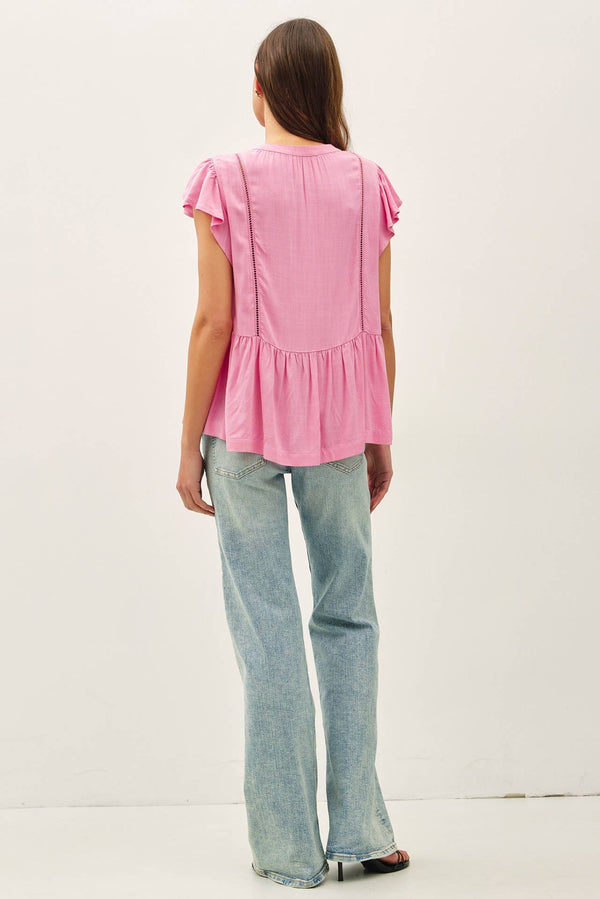 TIE FRONT RUFFLE SLEEVE TOP-Blue Hand Home