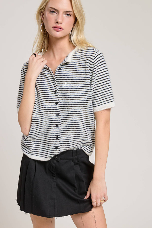 Striped Short Sleeve Button Cardigan-Blue Hand Home
