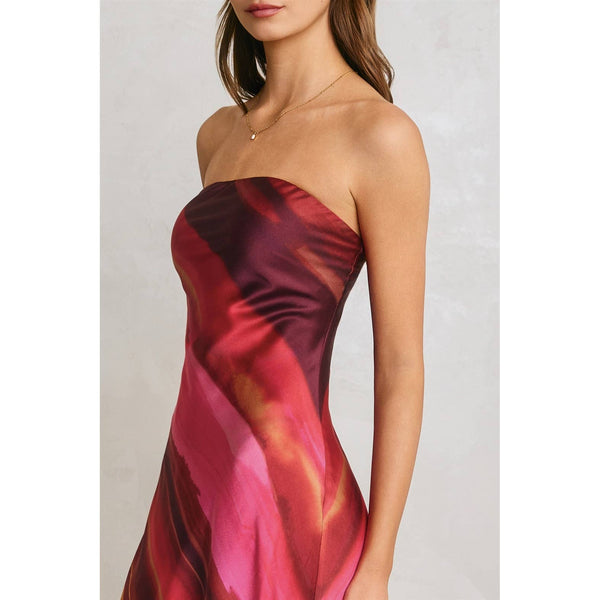 Watercolor Stripe Satin Strapless Bias Cut Maxi Dress-Blue Hand Home