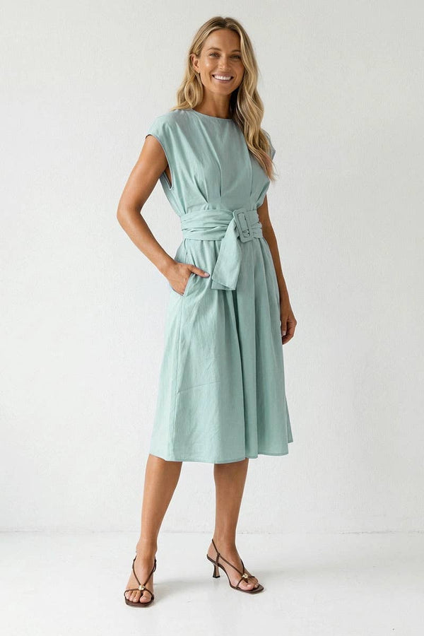 Buckle Detail Midi Dress-Blue Hand Home