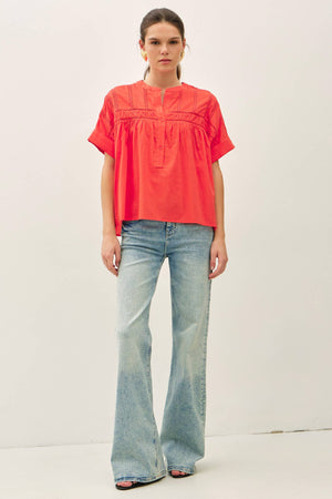 EYELET LACED OVERSIZE DOLMAN SLEEVE TOP-Blue Hand Home