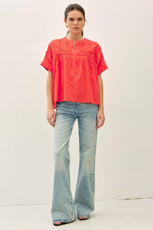 EYELET LACED OVERSIZE DOLMAN SLEEVE TOP-Blue Hand Home