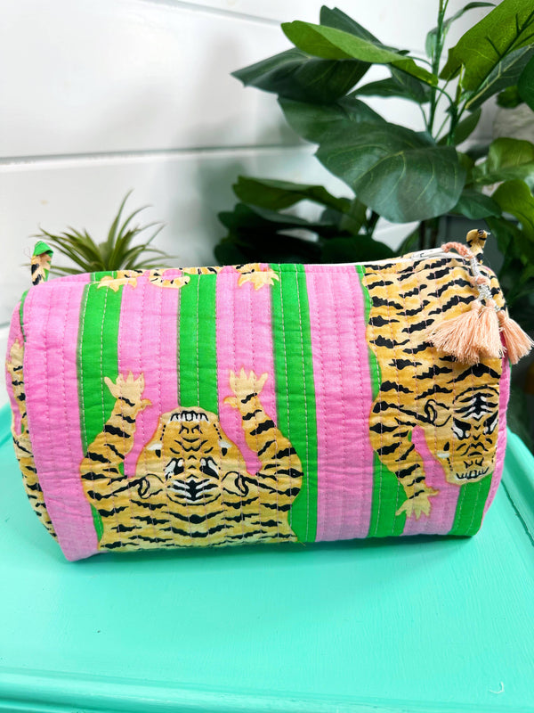 Quilted Makeup Bags | Cosmetic Toiletry Bag | Tiger Print-Blue Hand Home