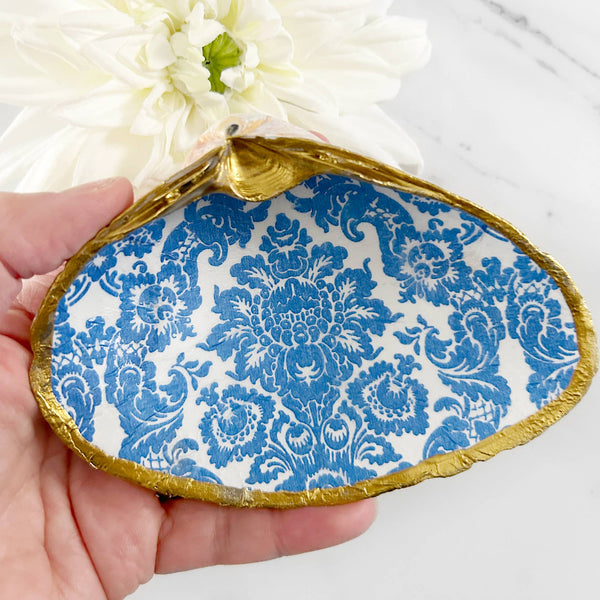 Light Blue Damask Decoupage Clam Shell Trinket Dish-Blue Hand Home