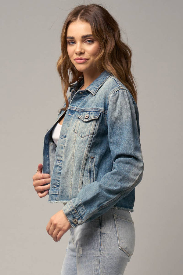 Flap Pockets Raw Hem Denim Jacket-Blue Hand Home