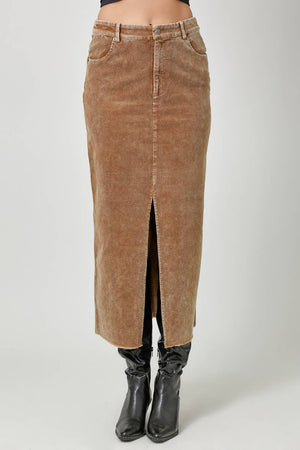 60742 Washed Front Slit Corduroy Skirt-Blue Hand Home