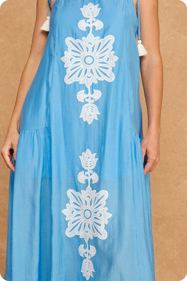 Floral Embroidered Sleeveless Tassel Tie Strap Midi Dress
