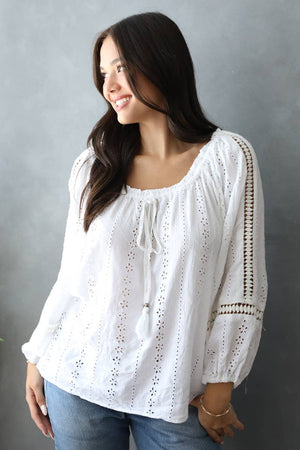 N2U91-EM08 EYELET EMBROIDERED BLOUSE-Blue Hand Home