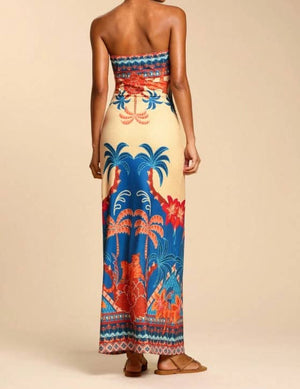 Tropical Floral Print Strapless Maxi Dress Tube Dress-Blue Hand Home