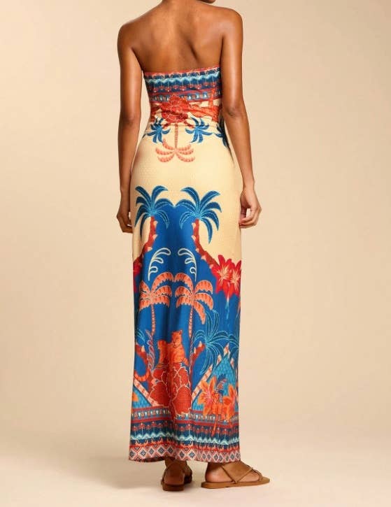 Tropical Floral Print Strapless Maxi Dress Tube Dress-Blue Hand Home
