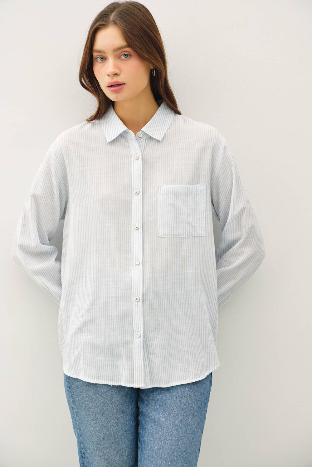 Pinstripe Cotton Button Up W/ Front Chest Pocket