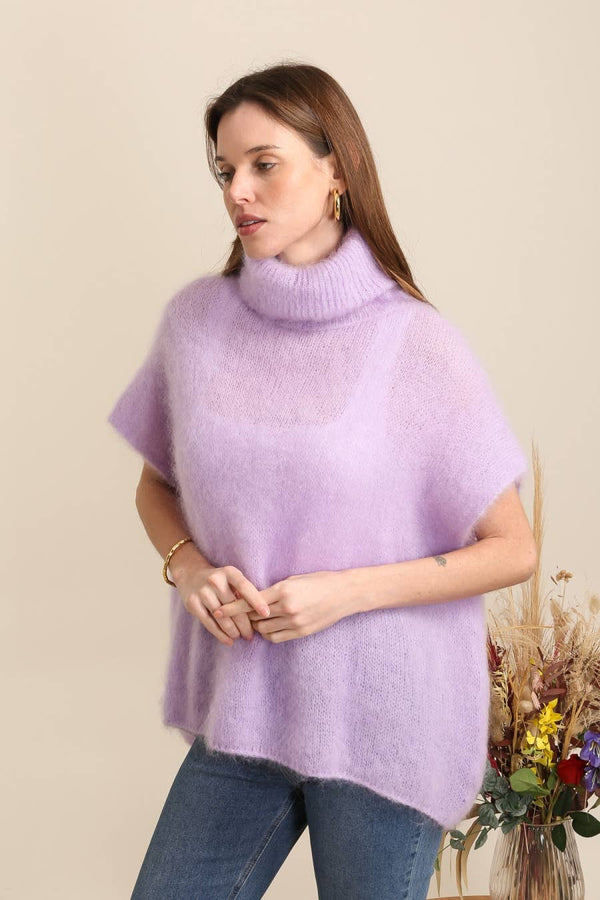 80% Kid Mohair Turtleneck Poncho Sweater: Ecru / One Size-Blue Hand Home
