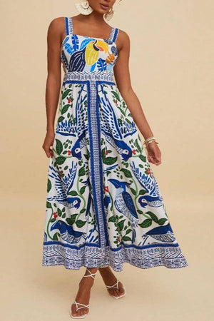 Boho Tropical Birdie Blue Floral Print Strappy Flare Dress-Blue Hand Home