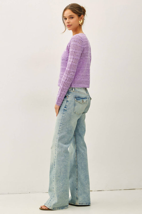 Openwork Knit Scalloped Edge Cardigan-Blue Hand Home