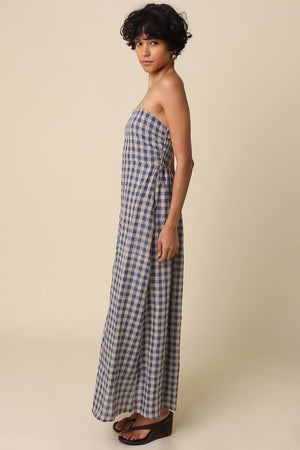 Mollie Gingham Strapless Linen Maxi Dress-Blue Hand Home