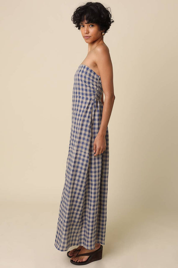 Mollie Gingham Strapless Linen Maxi Dress-Blue Hand Home