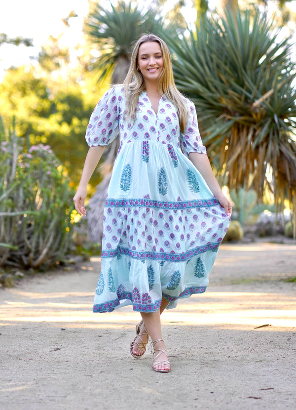 Remi Block Print Maxi Dress Lt. Blue-Blue Hand Home
