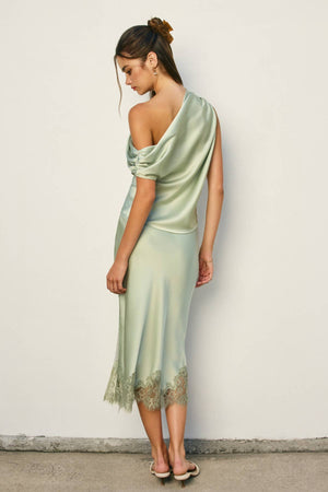 Dull Satin Lace Hem Pencil Skirt-Blue Hand Home