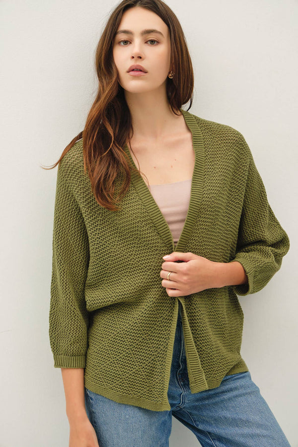 DIAMOND PATTERN DOLMAN 3/4 SLEEVE OPEN CARDIGAN-Blue Hand Home