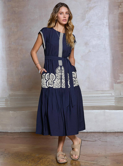Boho Embroidery Cap Sleeve Midi Dress-Blue Hand Home