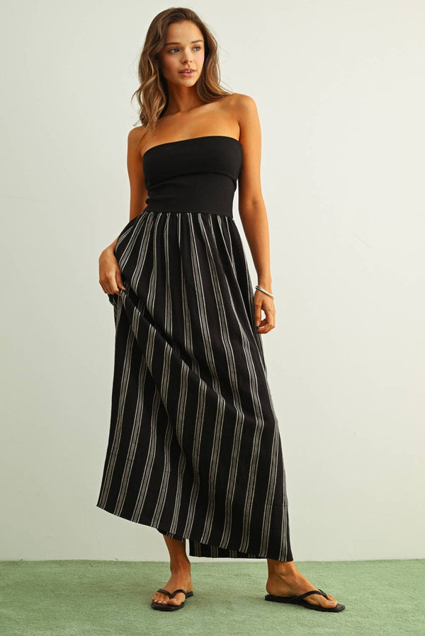 D5725 STRIPED PATTERN KNIT WITH RIBBED TOP COMBINATION DRESS-Blue Hand Home