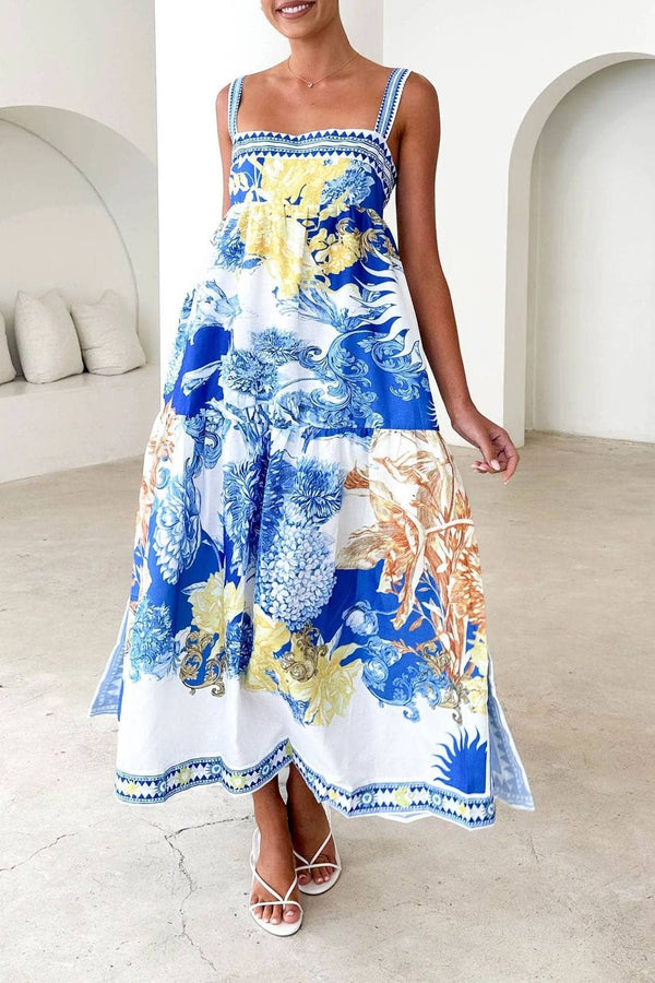 Chrysanthemum Floral Toile sleeveless flare swing dress-Blue Hand Home