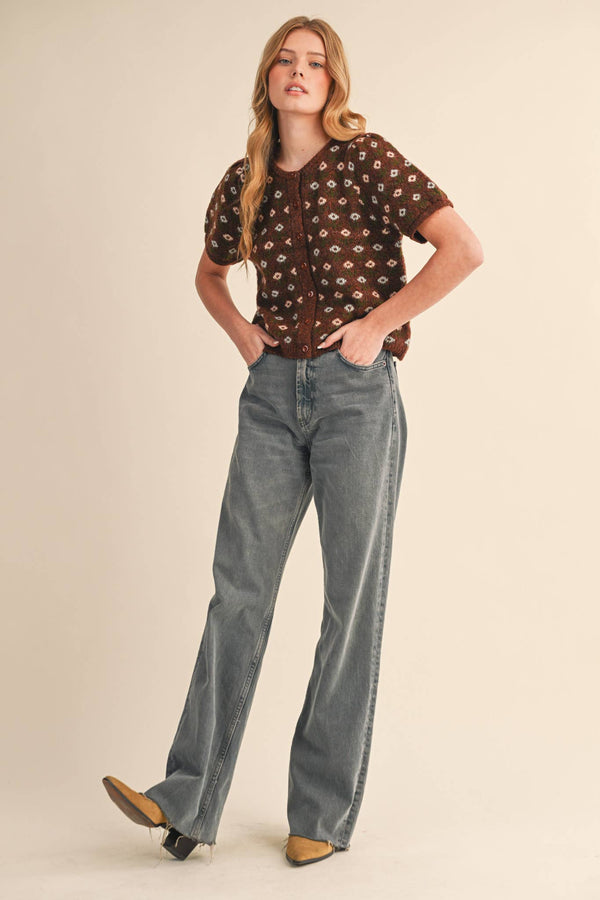 FLORAL SHORT SLEEVE SWEATER CARDIGAN MSW11259-Blue Hand Home