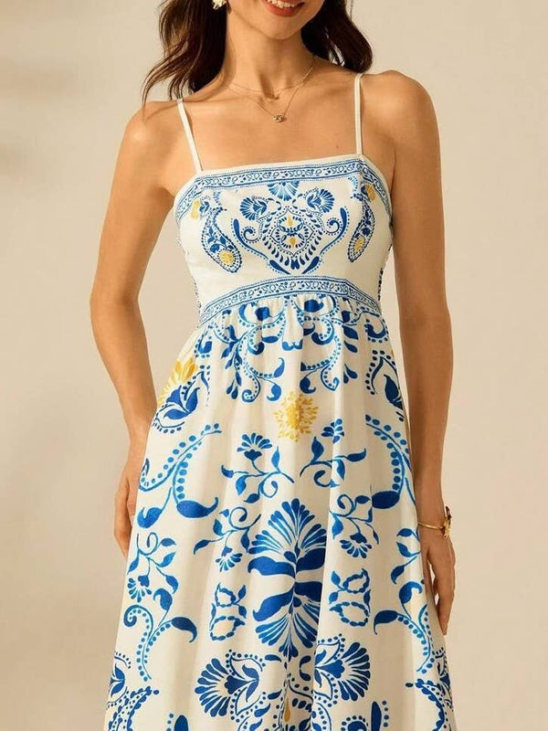 Cascais Bohemia Tropical palm strappy sundress-Blue Hand Home